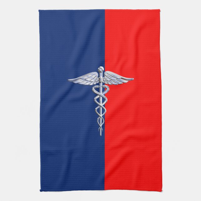 Silver Caduceus Medical Symbol League Tea Towel (Vertical)