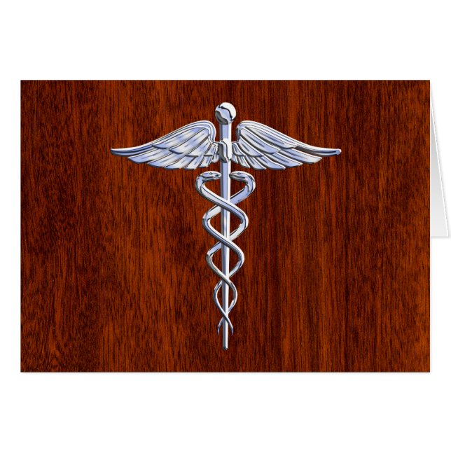 Silver Caduceus Medical Symbol Mahogany Decor (Front Horizontal)