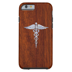 Silver Caduceus Medical Symbol Mahogany Decor Tough iPhone 6 Case