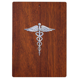 Silver Caduceus Medical Symbol Mahogany Decor Clipboard
