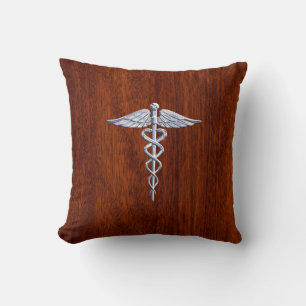 Silver Caduceus Medical Symbol Mahogany Decor Cushion