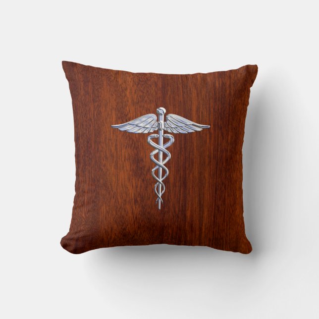 Silver Caduceus Medical Symbol Mahogany Decor Cushion (Front)