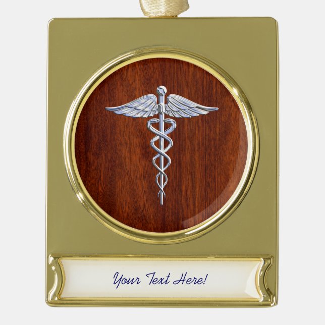 Silver Caduceus Medical Symbol Mahogany Decor Gold Plated Banner Ornament (Front)