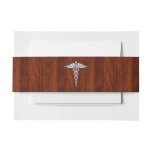 Silver Caduceus Medical Symbol Mahogany Decor Invitation Belly Band