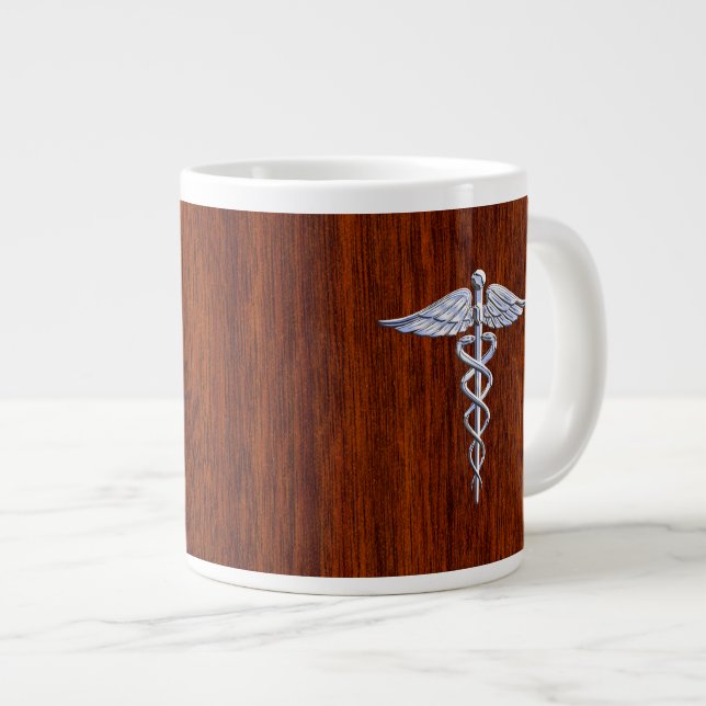 Silver Caduceus Medical Symbol Mahogany Decor Large Coffee Mug (Front Right)