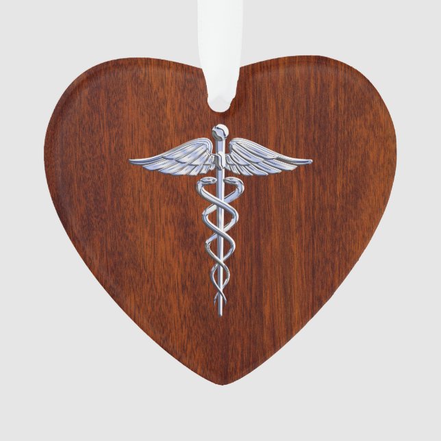 Silver Caduceus Medical Symbol Mahogany Decor Ornament (Front)