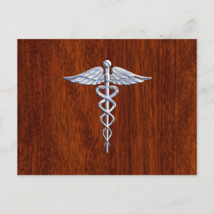 Silver Caduceus Medical Symbol Mahogany Decor Postcard