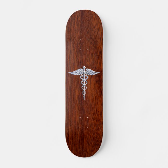 Silver Caduceus Medical Symbol Mahogany Decor Skateboard (Front)