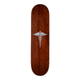 Silver Caduceus Medical Symbol Mahogany Decor Skateboard