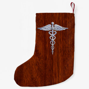 Silver Caduceus Medical Symbol Mahogany Decor Small Christmas Stocking