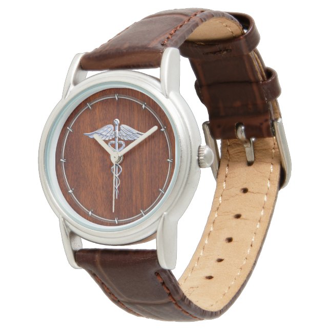 Silver Caduceus Medical Symbol Mahogany Decor Watch (Angled)