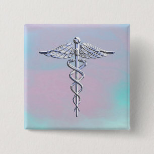 Silver Caduceus Medical Symbol Mother Pearl Decor 15 Cm Square Badge