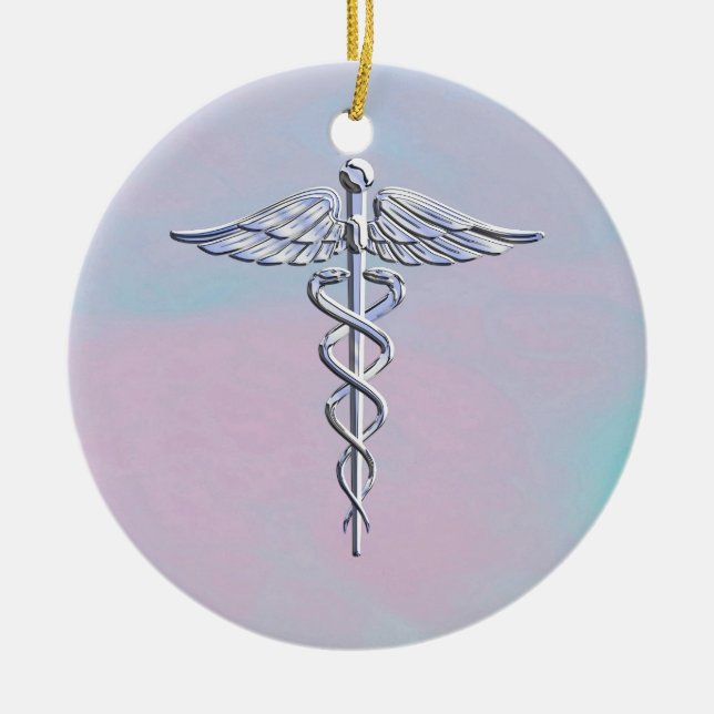 Silver Caduceus Medical Symbol Mother Pearl Decor Ceramic Tree Decoration (Front)