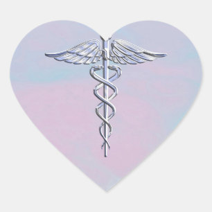 Silver Caduceus Medical Symbol Mother Pearl Decor Heart Sticker