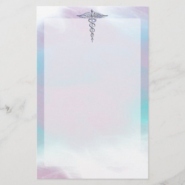 Silver Caduceus Medical Symbol Mother Pearl Stationery (Front)