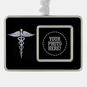 Silver Caduceus Medical Symbol on Black Plated Framed Ornament