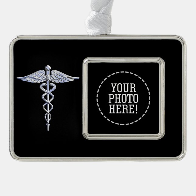 Silver Caduceus Medical Symbol on Black Plated Framed Ornament (Front)