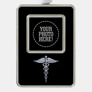 Silver Caduceus Medical Symbol on Black Plated Framed Ornament