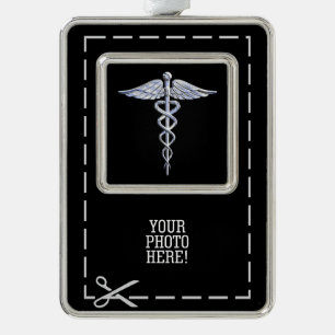 Silver Caduceus Medical Symbol on Black Silver Plated Framed Ornament