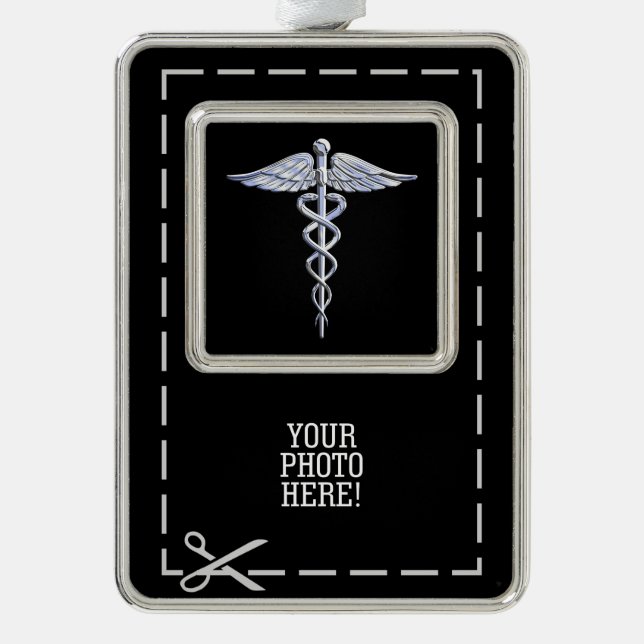 Silver Caduceus Medical Symbol on Black Silver Plated Framed Ornament (Front)
