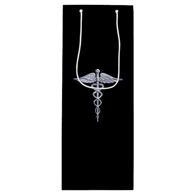 Silver Caduceus Medical Symbol on Black Wine Gift Bag (Front)