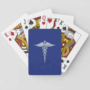 Silver Caduceus Medical Symbol on Navy Blue Decor Playing Cards