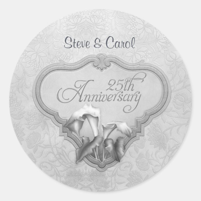 Silver Calla 25th Wedding Anniversary Classic Round Sticker (Front)
