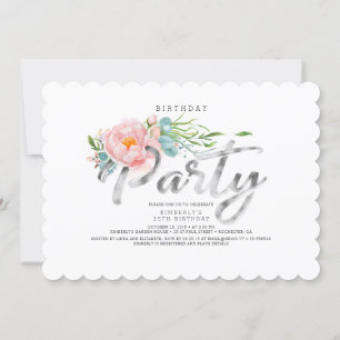 Silver Calligraphy Blush Pink Florals Birthday Invitation