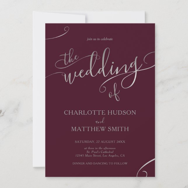 Silver Calligraphy | Burgundy Wedding Invitation (Front)