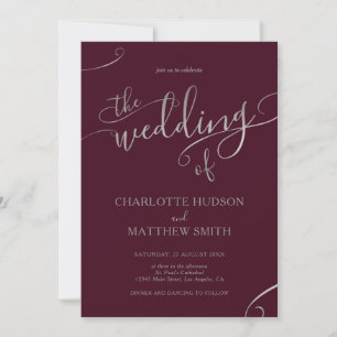 Silver Calligraphy   Burgundy Wedding Invitation