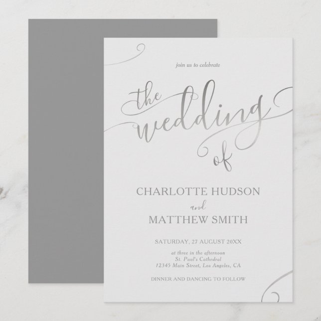 Silver Calligraphy | Grey Wedding Invitation (Front/Back)