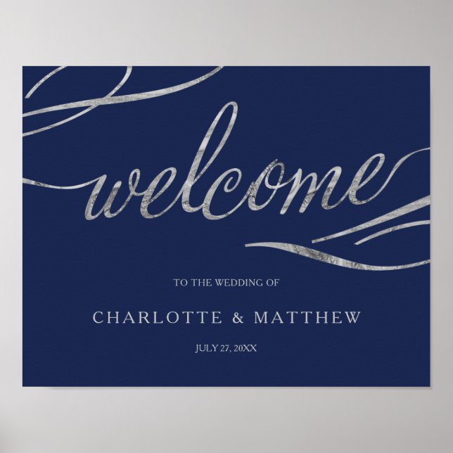 Silver Calligraphy | Navy Blue Wedding Poster  (Front)