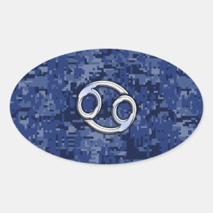 Silver Cancer Zodiac Sign Navy Blue Digital Camo Oval Sticker