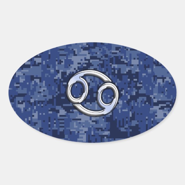 Silver Cancer Zodiac Sign Navy Blue Digital Camo Oval Sticker (Front)