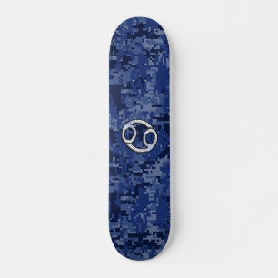 Silver Cancer Zodiac Sign Navy Blue Digital Camo Skateboard