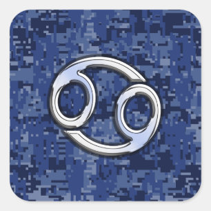 Silver Cancer Zodiac Sign Navy Blue Digital Camo Square Sticker