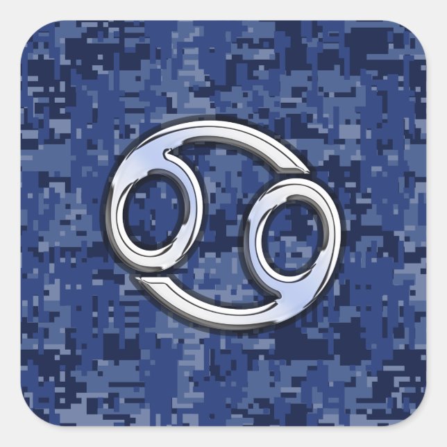 Silver Cancer Zodiac Sign Navy Blue Digital Camo Square Sticker (Front)
