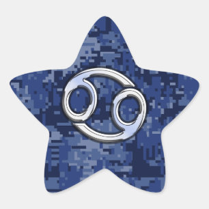 Silver Cancer Zodiac Sign Navy Blue Digital Camo Star Sticker