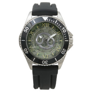 Silver Cancer Zodiac Sign on Green Camo Dial Watch