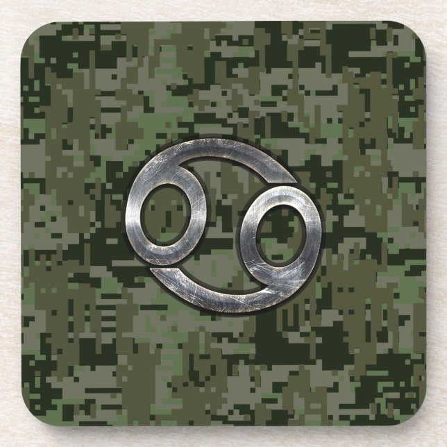 Silver Cancer Zodiac Sign on Green Digital Camo Coaster (Front)