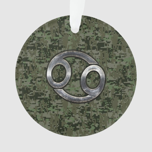 Silver Cancer Zodiac Sign on Green Digital Camo Ornament (Front)