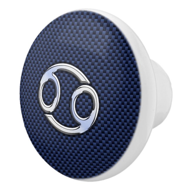 Silver Cancer Zodiac Symbol Navy Carbon Fibre Ceramic Knob (Right)