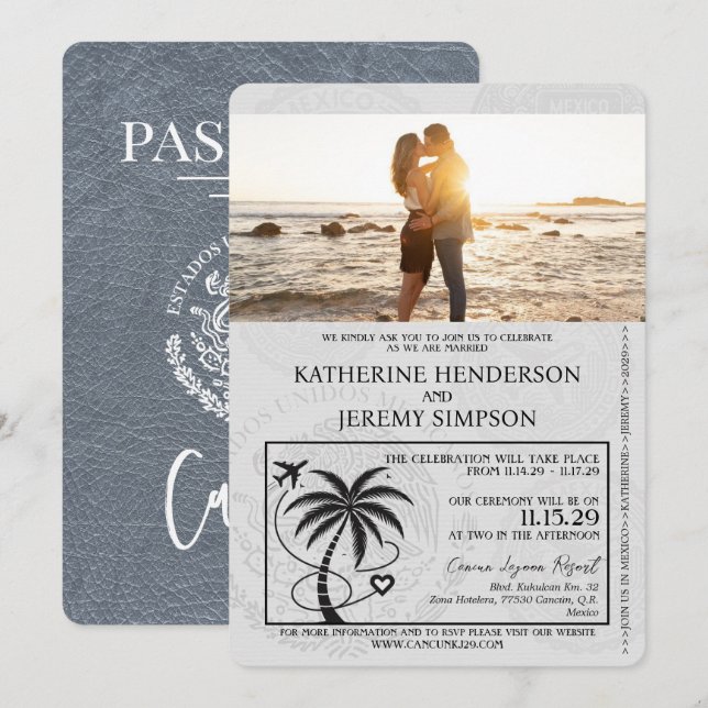Silver Cancun Passport Wedding Invitation (Front/Back)