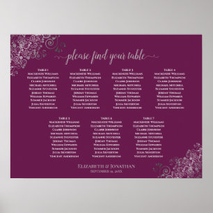 Silver & Cassis 7 Table Wedding Seating Chart