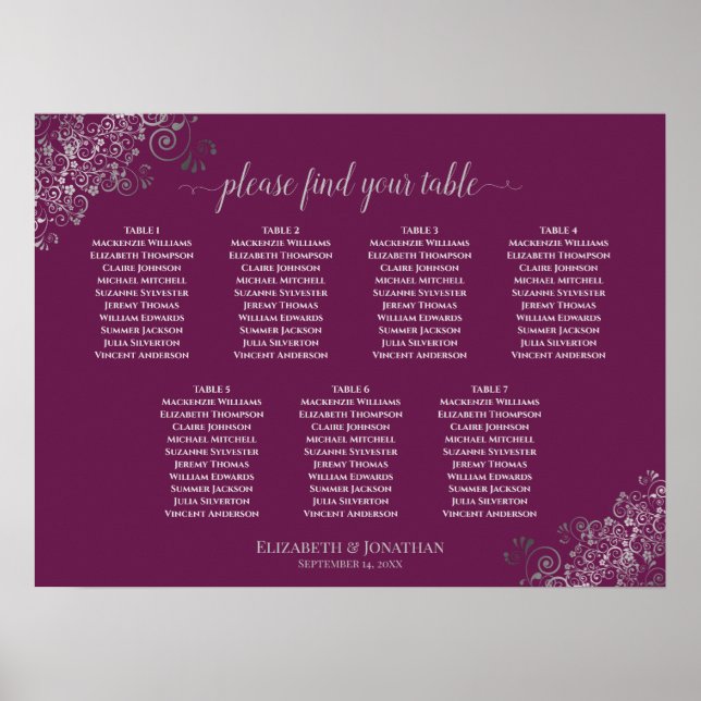 Silver & Cassis 7 Table Wedding Seating Chart (Front)