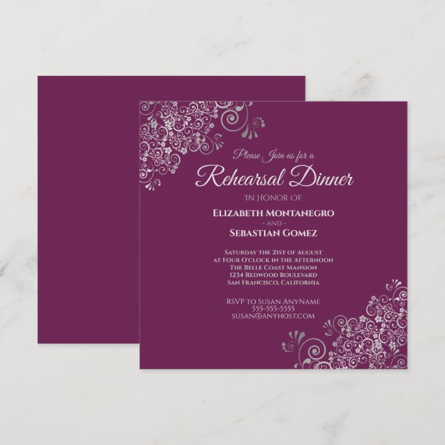 Silver & Cassis Square Wedding Rehearsal Dinner Invitation (Front/Back)