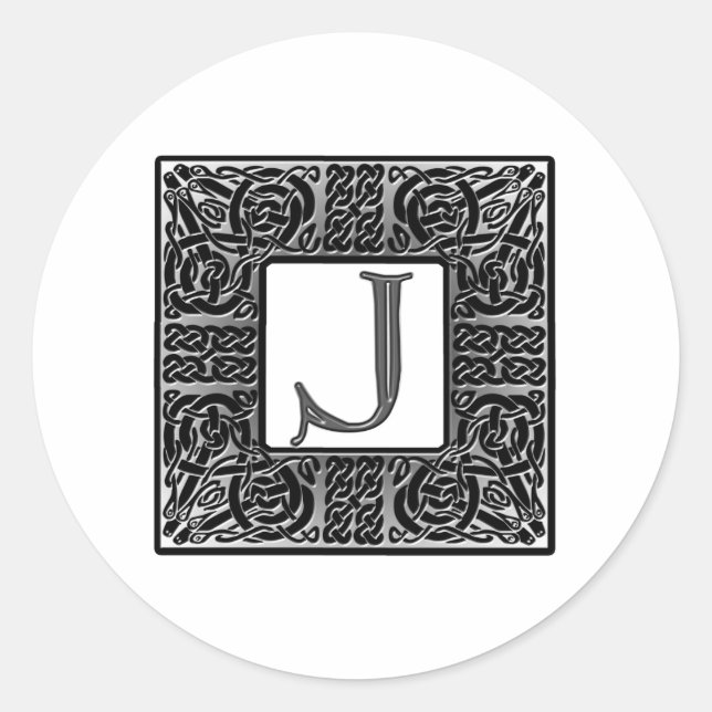 Silver Celtic "J" Monogram Classic Round Sticker (Front)