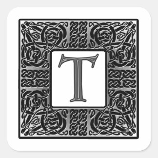 Silver Celtic "T" Monogram Square Sticker