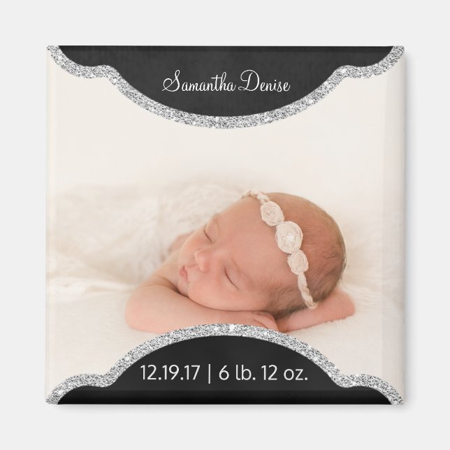 Silver Chalkboard | Baby Photo Birth Announcement Magnet (Front)