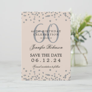 Silver Champagne 60th Birthday Save Date Confetti Invitation